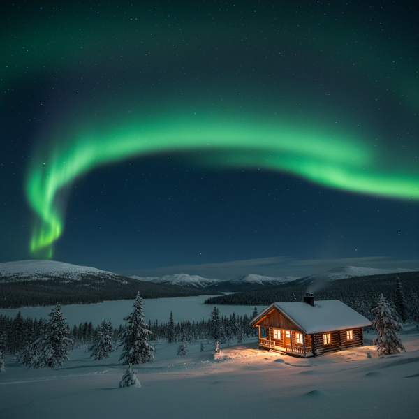 눈 덮인 북유럽 풍경 위로 빛나는 초록색 오로라와 아늑한 오두막.