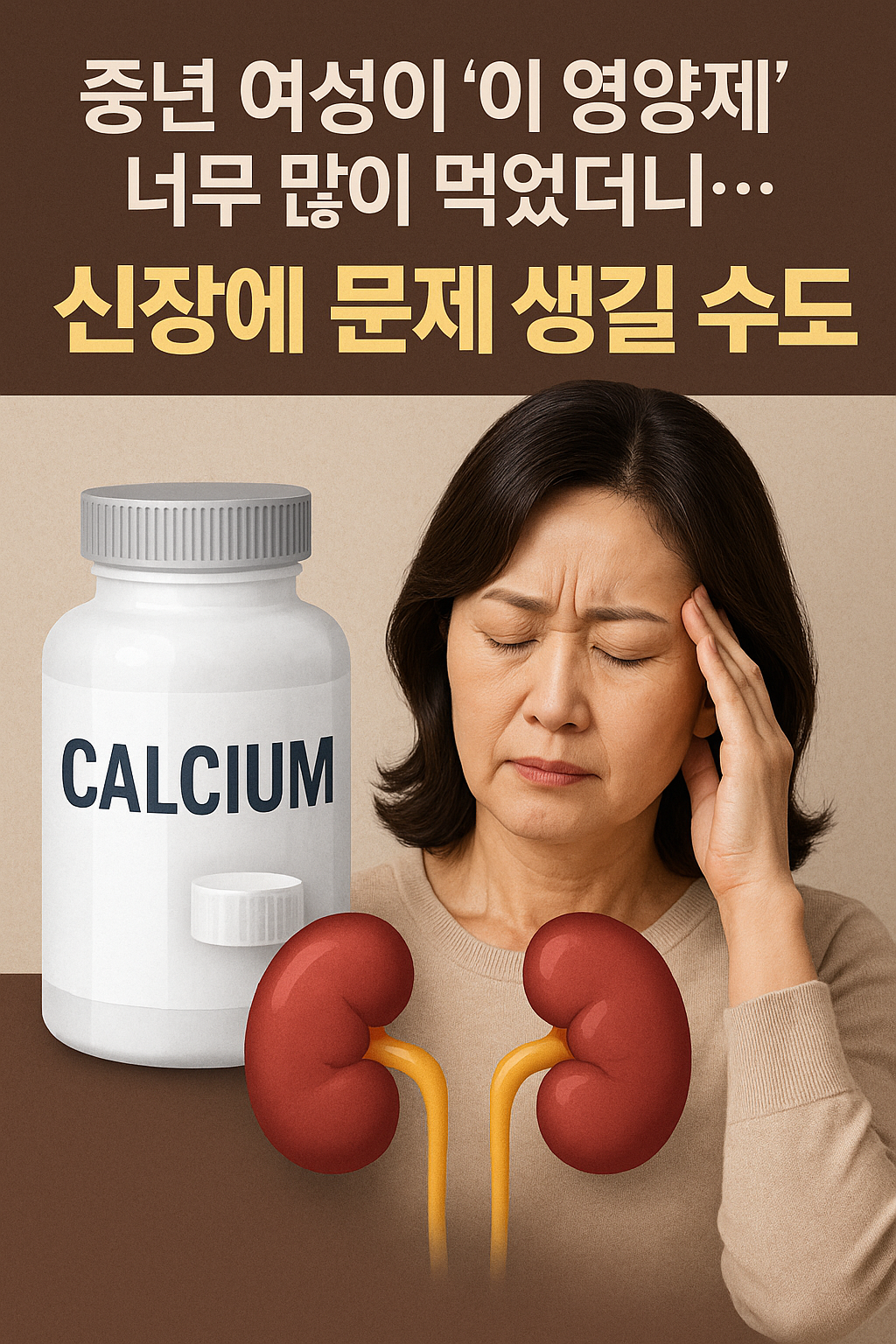 “칼슘 영양제 과다 섭취로 신장에 무리가 갈 수 있음을 경고하는 건강 정보형 썸네일 이미지”