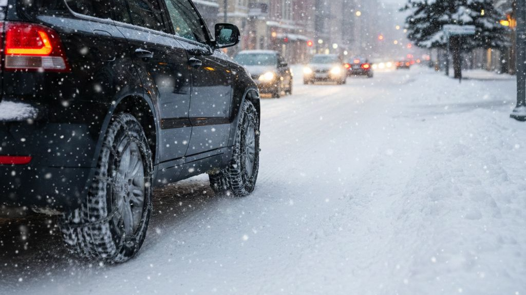 스노우 체인을 장착한 자동차의 타이어