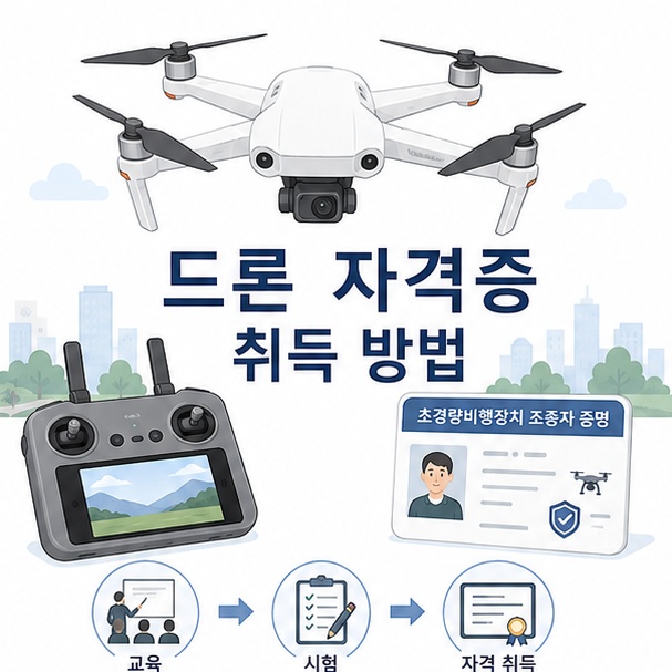 드론과 조종기, 자격증을 이용해 초경량비행장치 드론 자격증을 취득하는 과정을 표현한 이미지