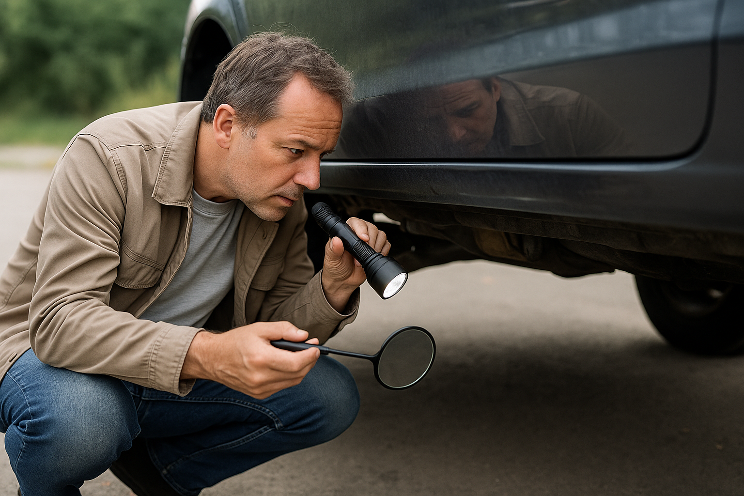 주차장에서 손전등과 검사거울로 차량 하부를 살피는 모습