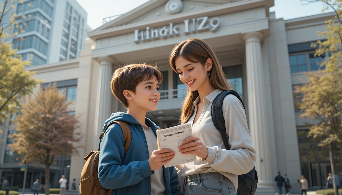 아이와 엄마가 은행앞에서 함게 통장을 바라보고있는 모습
