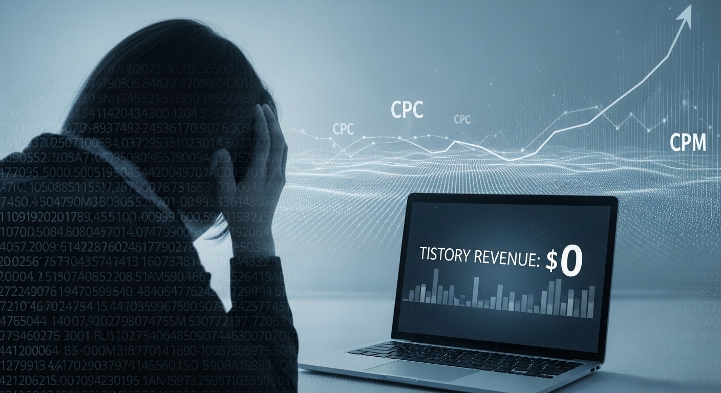 2025년 티스토리 블로그 수익 0원으로 좌절하는 블로거가 CPM 시대의 새로운 전략을 고민하는 모습