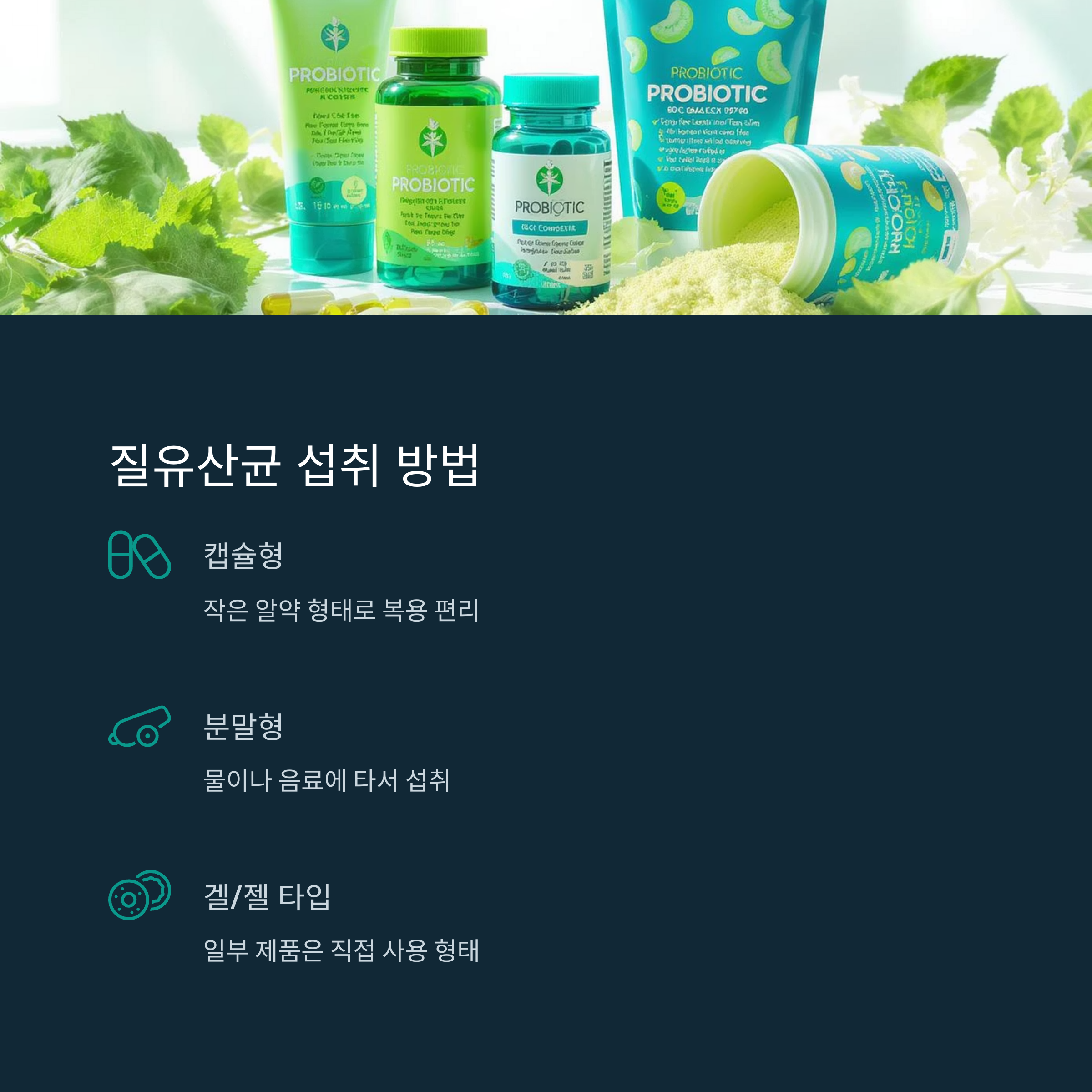 질 유산균의 섭취 방법을 캡슐형, 분말형, 겔/젤 타입으로 구분해 안내하는 이미지와 다양한 유산균 제품들