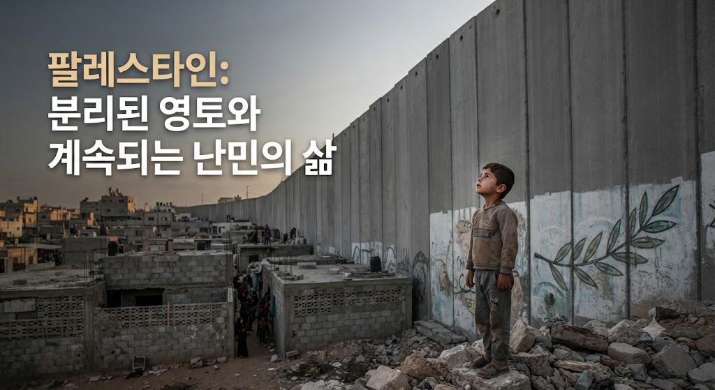나크바 이후 세대를 이어 지속되는 난민의 삶과 분리 장벽의 현실을 담았습니다. 황량한 난민촌의 낡은 가옥들 위로 높고 긴 콘크리트 분리벽이 지나가고 있습니다. 벽에는 평화를 염원하는 희미한 그래피티가 그려져 있고, 한 어린이가 벽 너머를 바라보고 있습니다.