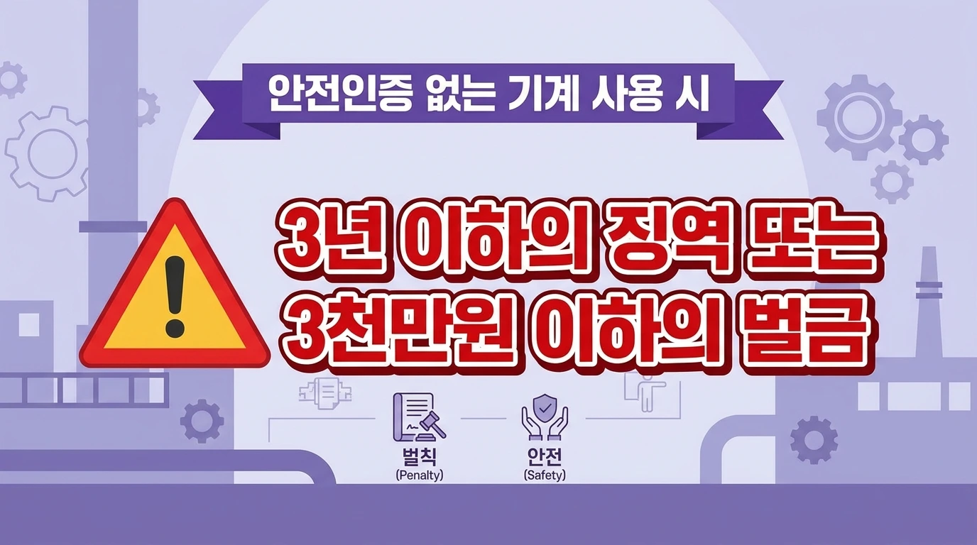 안전인증 없이 위험기계 사용 시 처벌(3년 이하 징역 또는 3천만원 이하 벌금)을 보여주는 인포그래픽