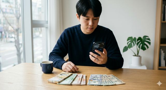 달러예금 수익 계산을 위해 환율과 달러 지폐를 확인하는 장면