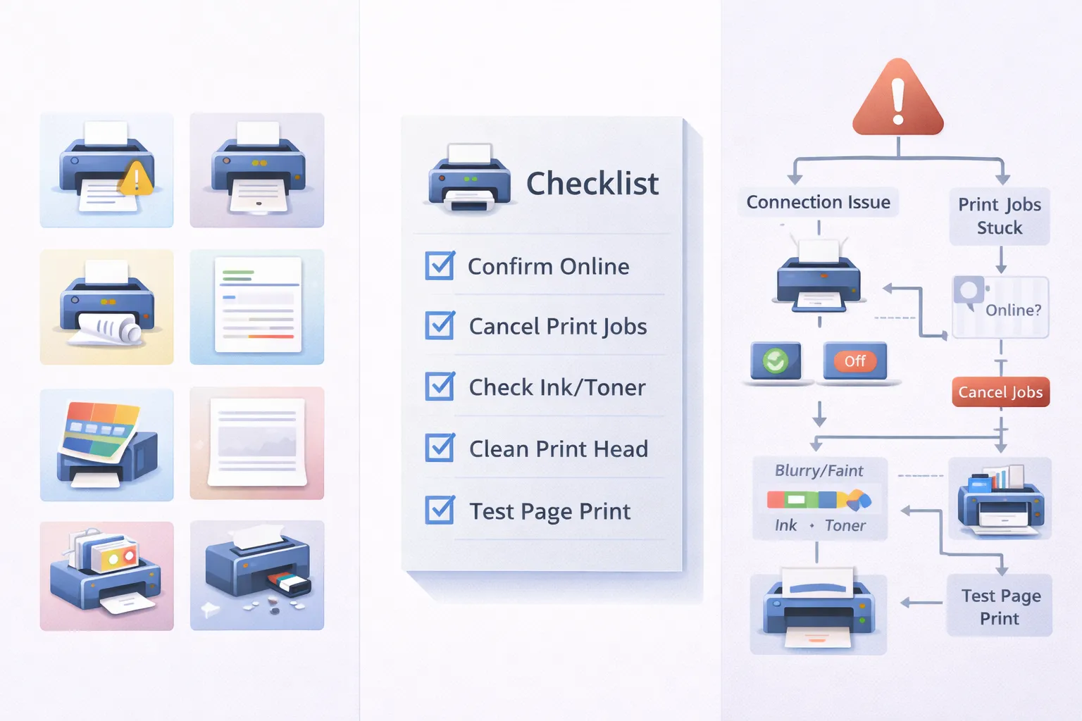 프린터 오류 해결 (연결 확인, 헤드 청소, 잉크 점검)