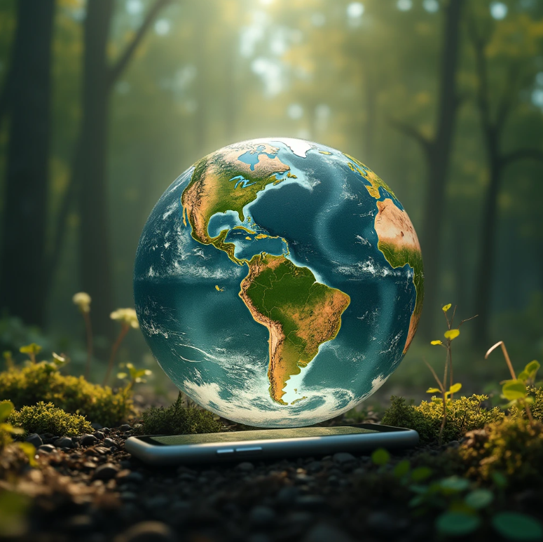 생태계 전반을 바라보는 시선, 또는 지구본과 스마트폰이 함께 있는 이미지