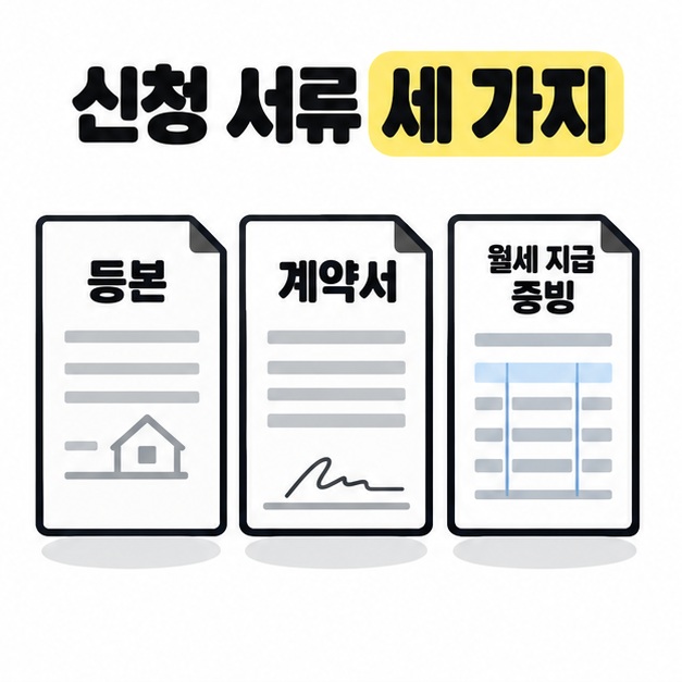 신청 서류 세 가지라는 제목 아래 등본, 계약서, 월세 지급 증빙 문서 세 장을 나란히 배치한 이미지