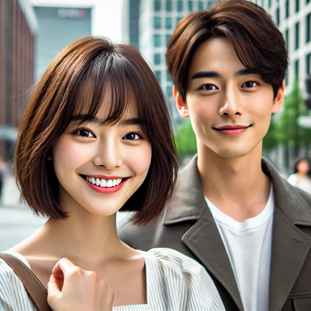 한국 드라마. 현대 도시를 배경으로 평상복을 입은 젊은 남녀 주인공들이 웃고 있다