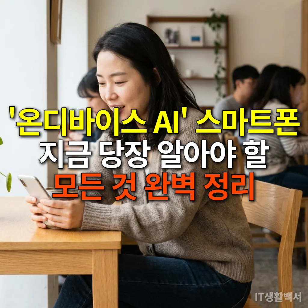 카페에서 스마트폰을 보며 온디바이스 AI 기능에 놀라는 한국인 주부의 모습