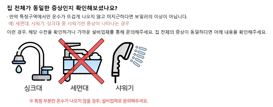 특정 수도꼭지에서 온수가 잘 나오는지 점검하는 안내 문구