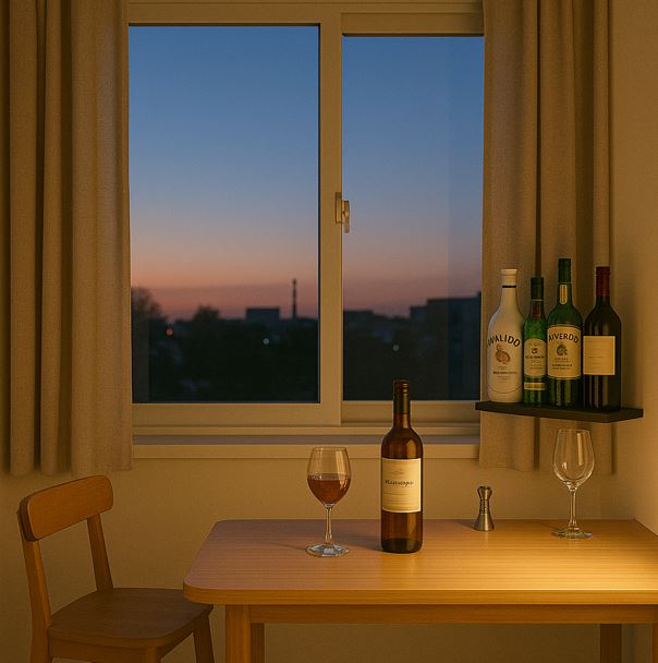 나만의 작은 홈바를 창가에 만들어 놓은 모습