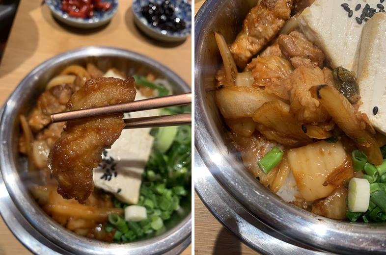 솥밥에 들어간 묵은지와 삼겹살 모습