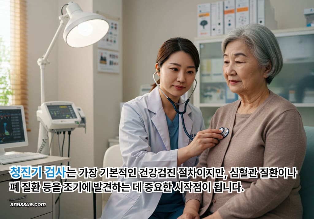 의사가 고령 환자에게 청진기를 사용해 건강검진을 진행하는 장면으로, 실제 의료현장에서 이뤄지는 기본 신체검사의 중요성을 보여줍니다.