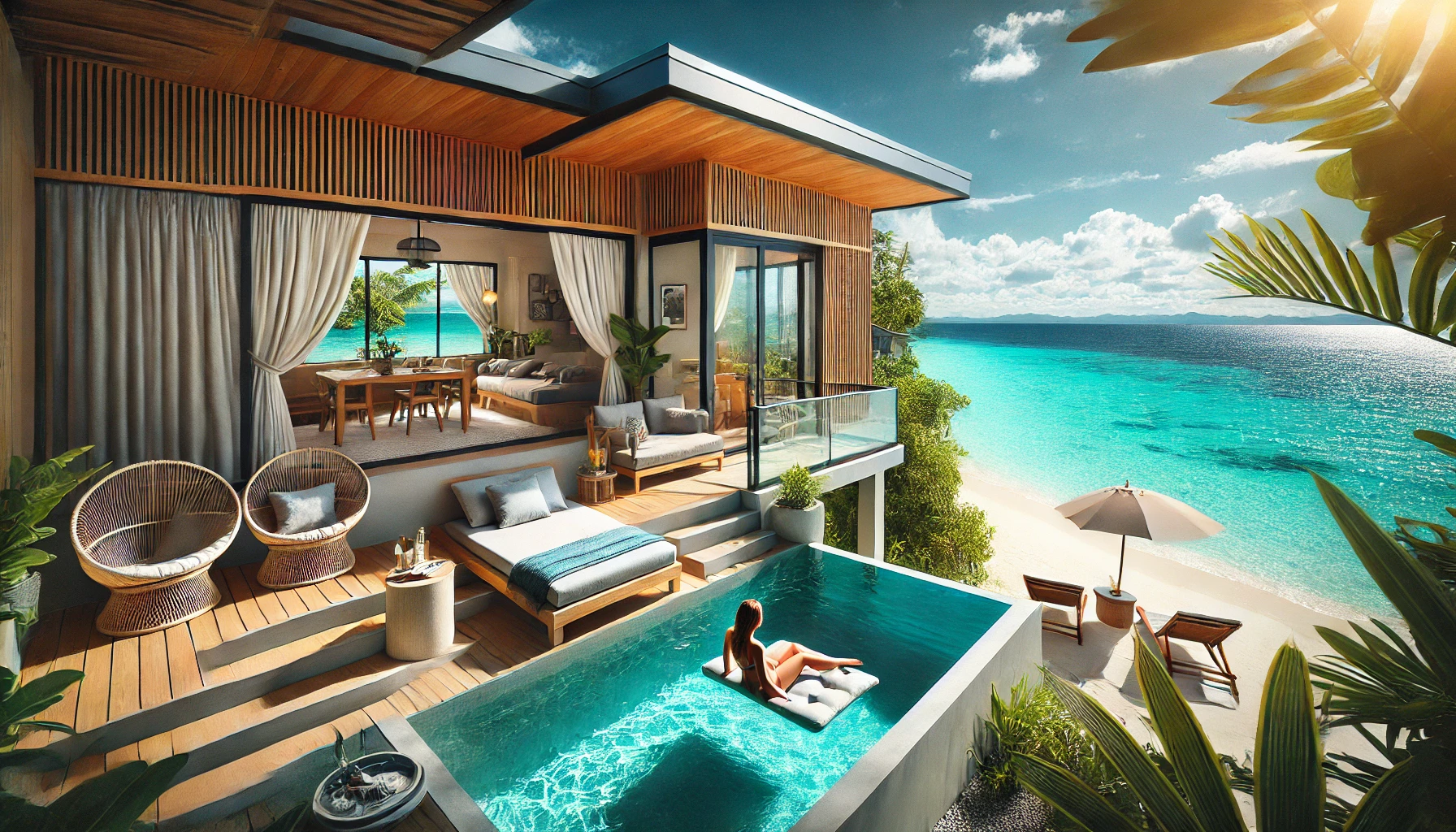 보홀의 아름다운 해변을 배경으로 한 프라이빗 풀빌라 전경, 개인 수영장에서 여유를 즐기는 여행객의 모습