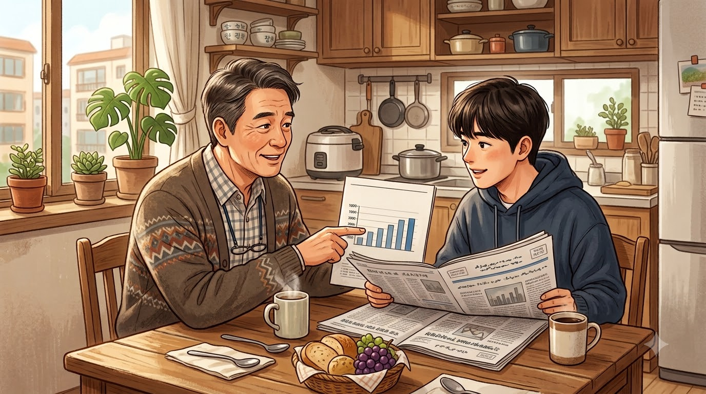 아빠가 식탁에서 아이에게 신문 속 고용 그래프를 짚어주며 설명하는 장면