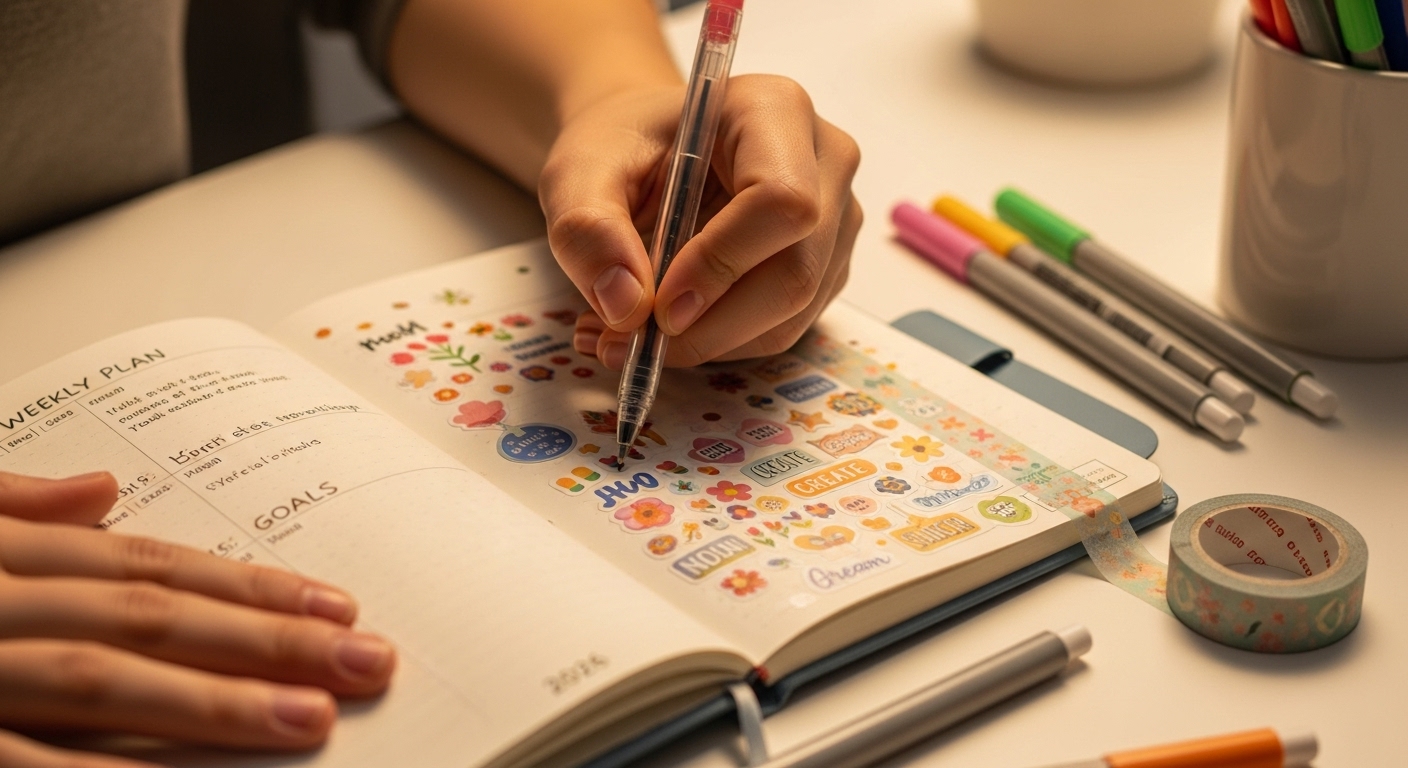 파란색 다이어리에 색연필, 스티커, 마스킹 테이프로 꾸미고 있는 손의 클로즈업. 창의적인 다이어리 꾸미기 활동을 보여주는 모습.