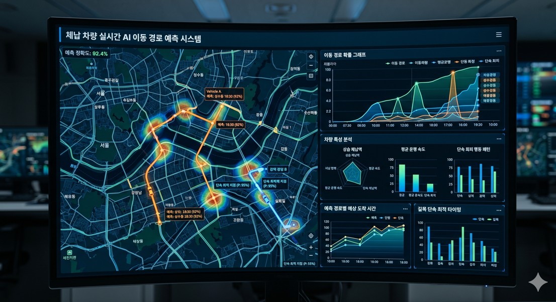모니터 가득히 체납 차량의 이동 경로를 예측하는 디지털 지도와 데이터 그래프
