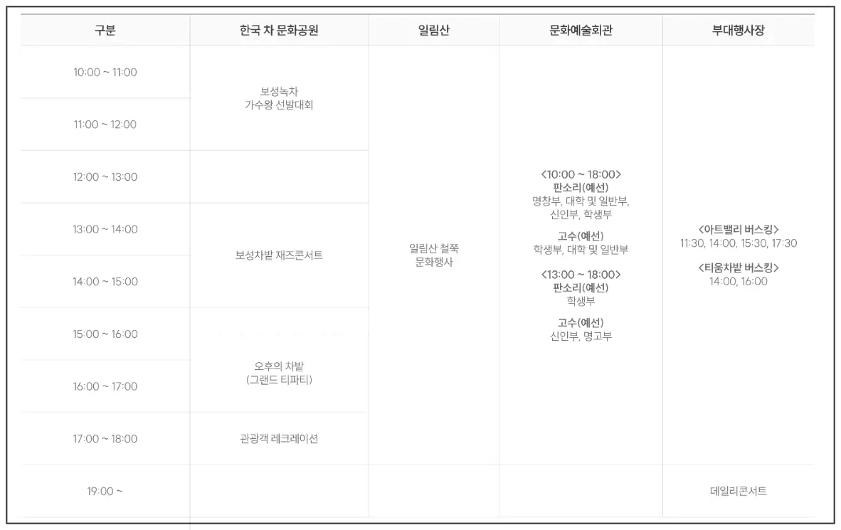 보성다향대축제 3일차 행사표
