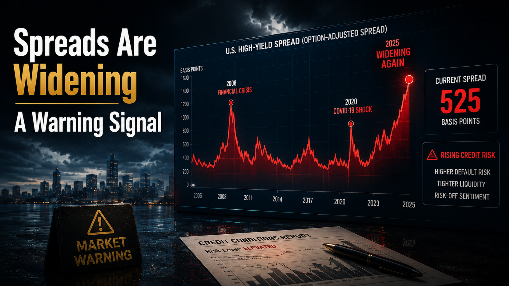 High-yield bond spread widening chart representing rising credit risk and weakening market confidence.