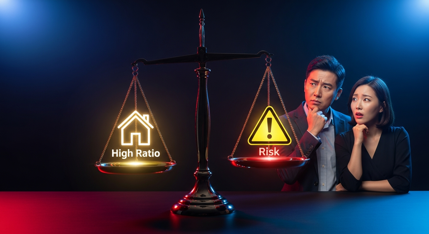 저울을 보여주는 개념 이미지. 한쪽에는 '높은 비율'이라고 표시된 빛나는 집 아이콘, 다른 쪽에는 '위험'이라고 표시된 경고 심볼이 있음. 걱정스러운 표정으로 이를 바라보는 사려 깊은 젊어 보이는 중년 한국 부부. 파란색과 빨간색 네온 포인트가 있는 어두운 배경.