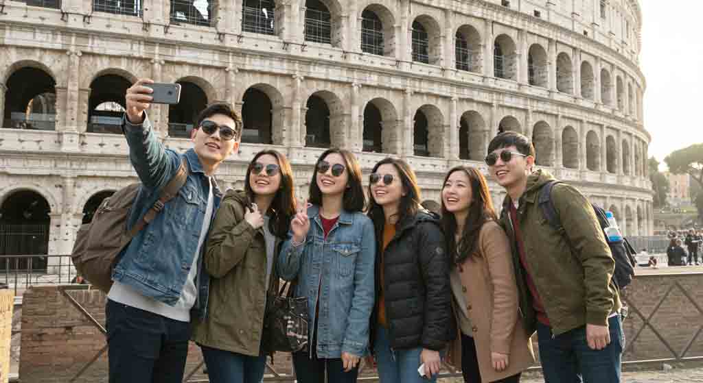 로마 배낭 여행하는 젊은이들이 기념 촬영하는 모습