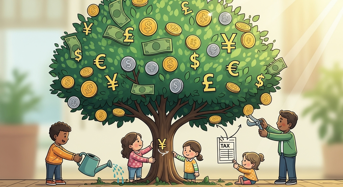 가족이 함께 돈나무를 가꾸는 모습으로, 가족 공제를 통한 현명한 절세 전략을 시각화