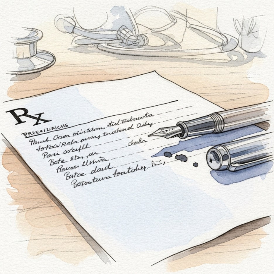 책상 위에 놓인 처방전과 만년필 일러스트