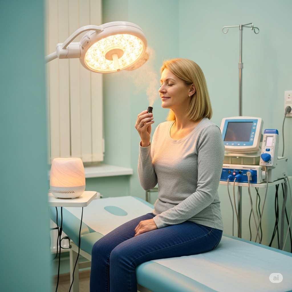환자가 의료 테이블에 앉아 편안하게 아로마테라피를 흡입하며 스트레스와 불안을 완화하는 모습