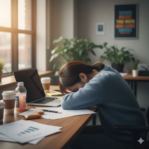 책상 위에 엎드려 피곤해하는 직장인 여성과 업무 서류들이 놓인 모습 (만성 피로 증상 이미지)