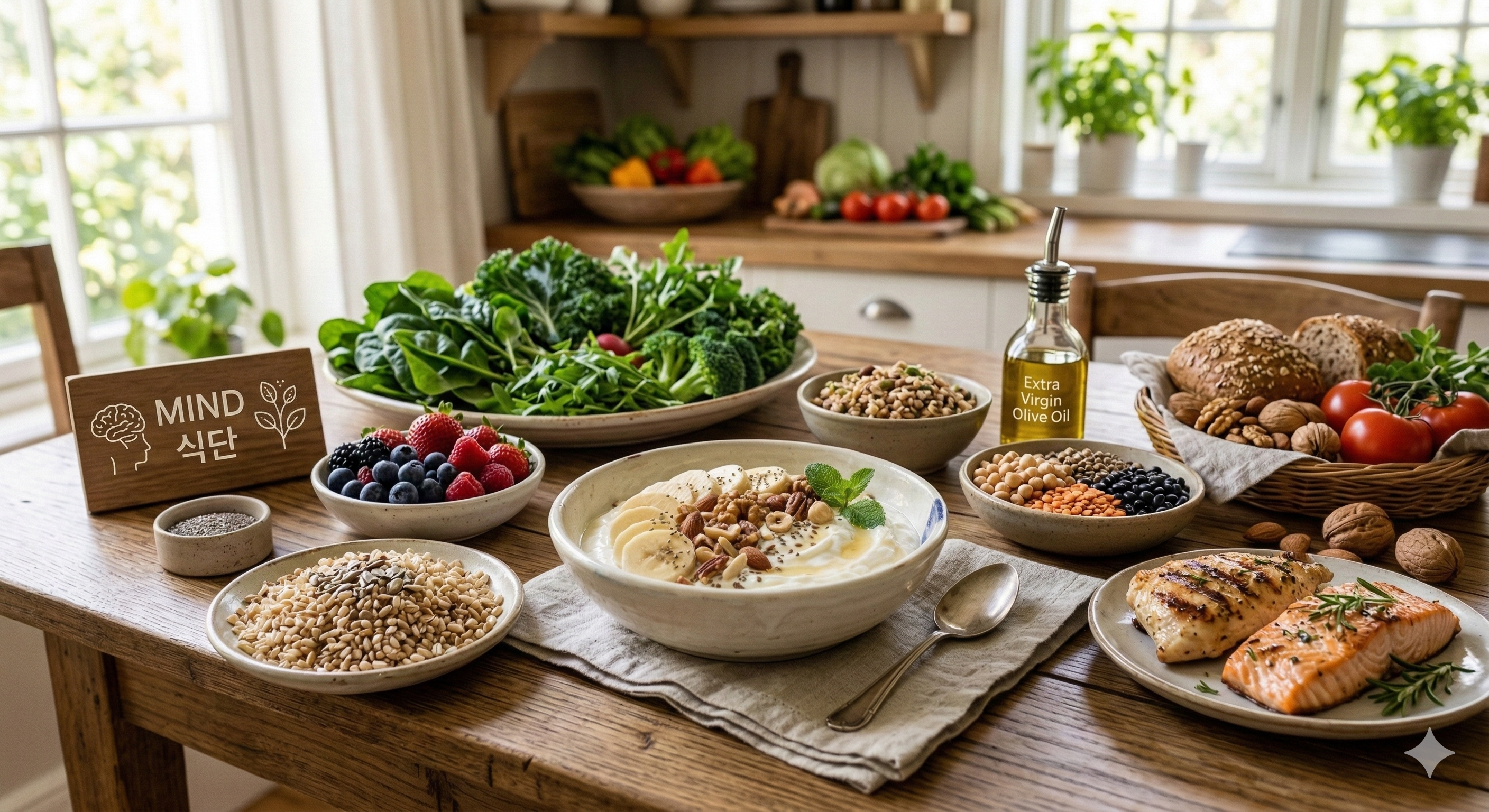 뇌를 깨우는 MIND식단. 초록색 잎채소, 베리류, 토마토, 통곡물, 견과류 등