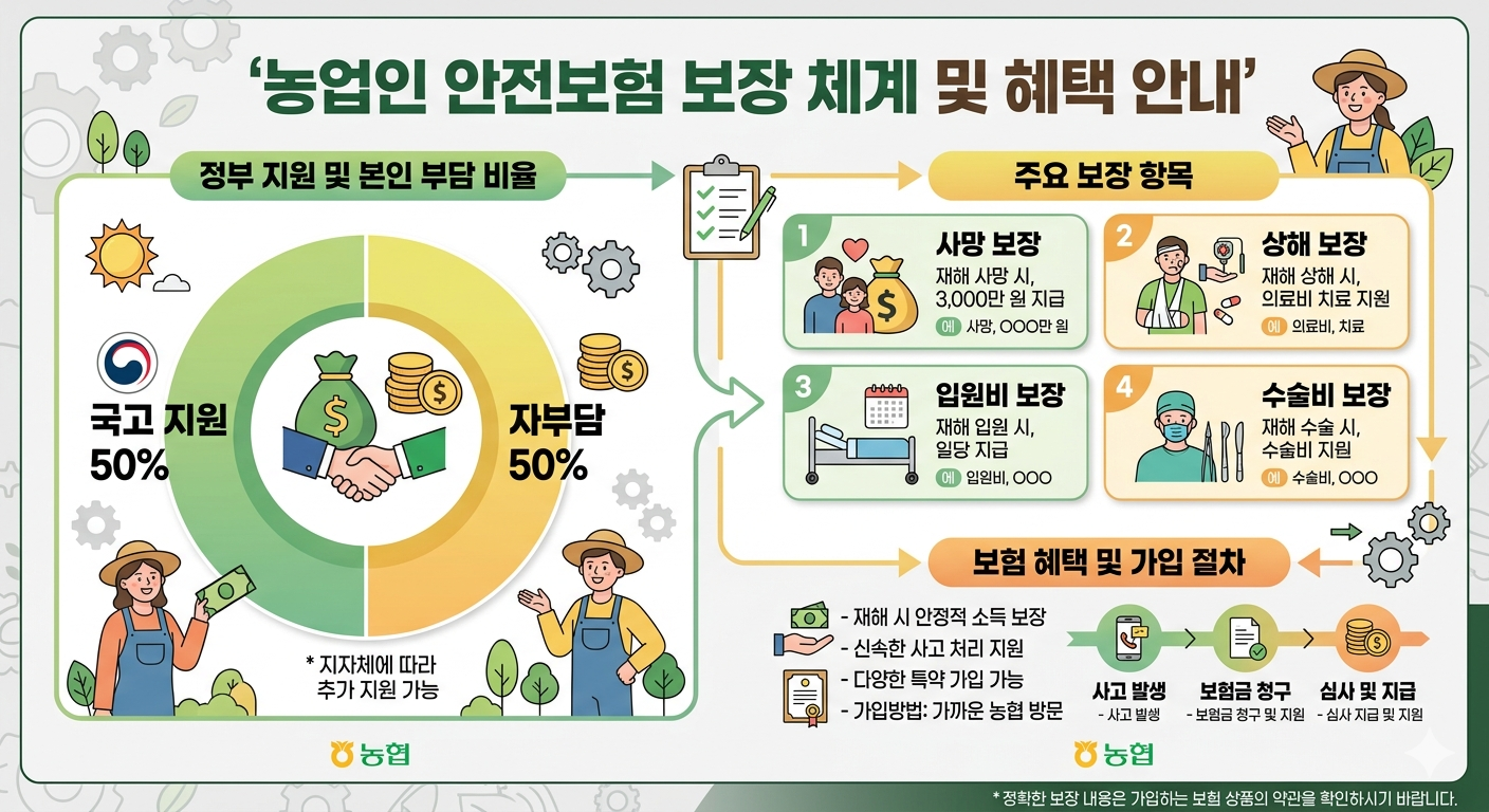 농업인 안전보험 보장 체계 및 혜택을 한 눈에 알아볼 수 있는 인포그래픽