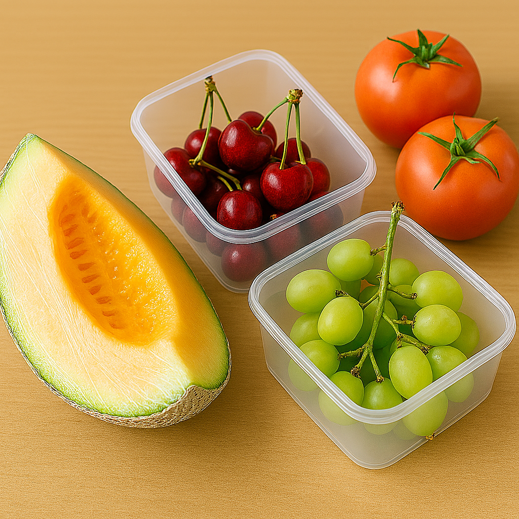 잘라서 랩으로 감싼 멜론과 밀폐용기 속 체리, 청포도, 옆에 놓인 토마토가 한 프레임에 담긴 모습