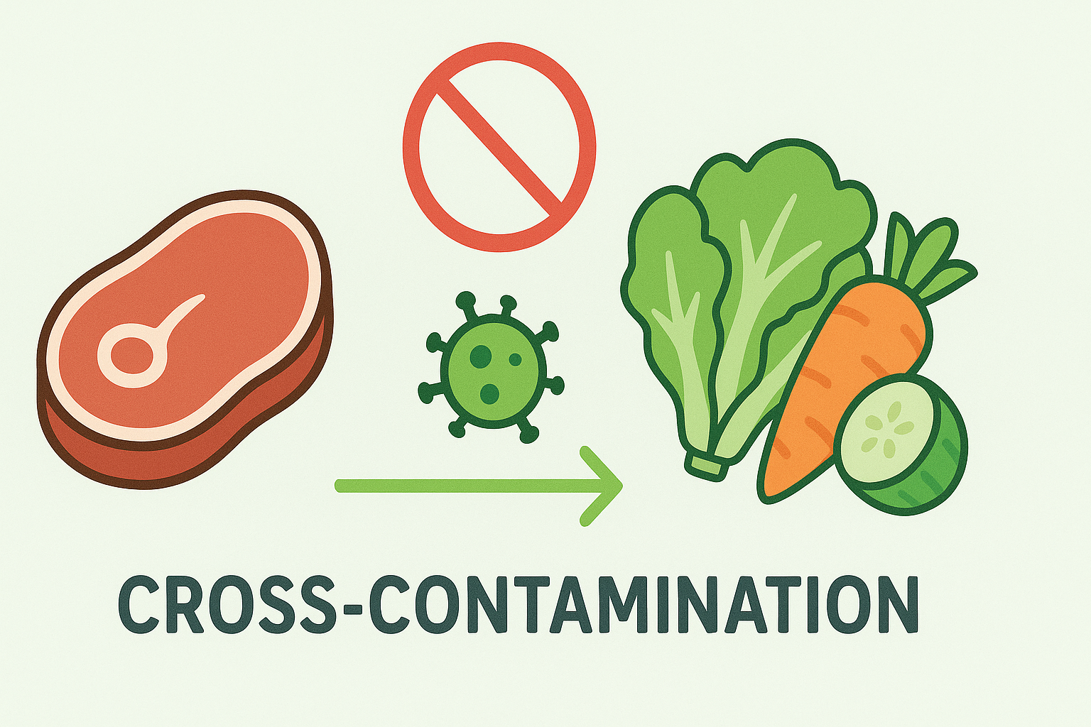 고기에서 채소로 세균이 이동하며 교차오염이 발생하는 장면을 보여주는 일러스트