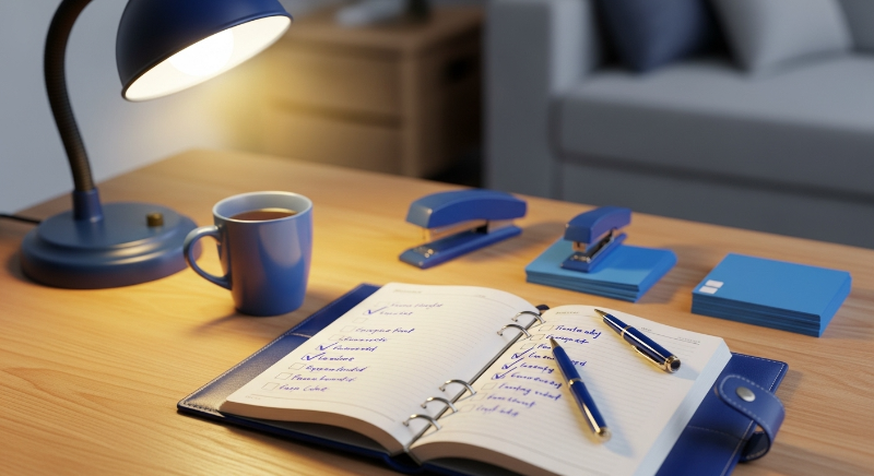 차분한 조명 아래 다이어리를 펼쳐 하루를 정리하고 내일의 할 일을 계획하는 정돈된 책상 모습