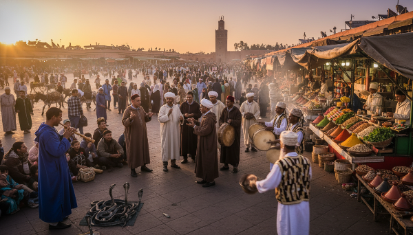 모로코 마라케시의 제마 엘 프나 광장에서 해 질 녘 활기찬 현지인들과 여행자들이 전통 복장을 하고 다양한 문화 체험을 즐기는 모습.