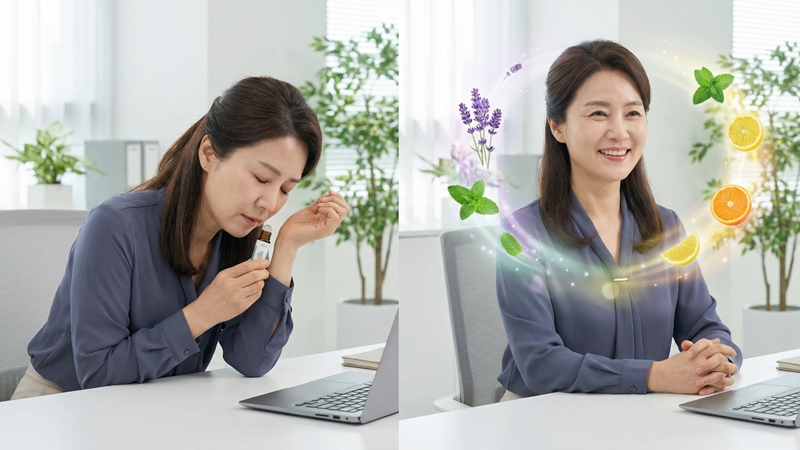 만성 피로에 지친 50대 여성이 휴대용 아로마 테라피를 통해 활력을 되찾는 모습. 아로마 오일로 피로를 해소하는 방법.