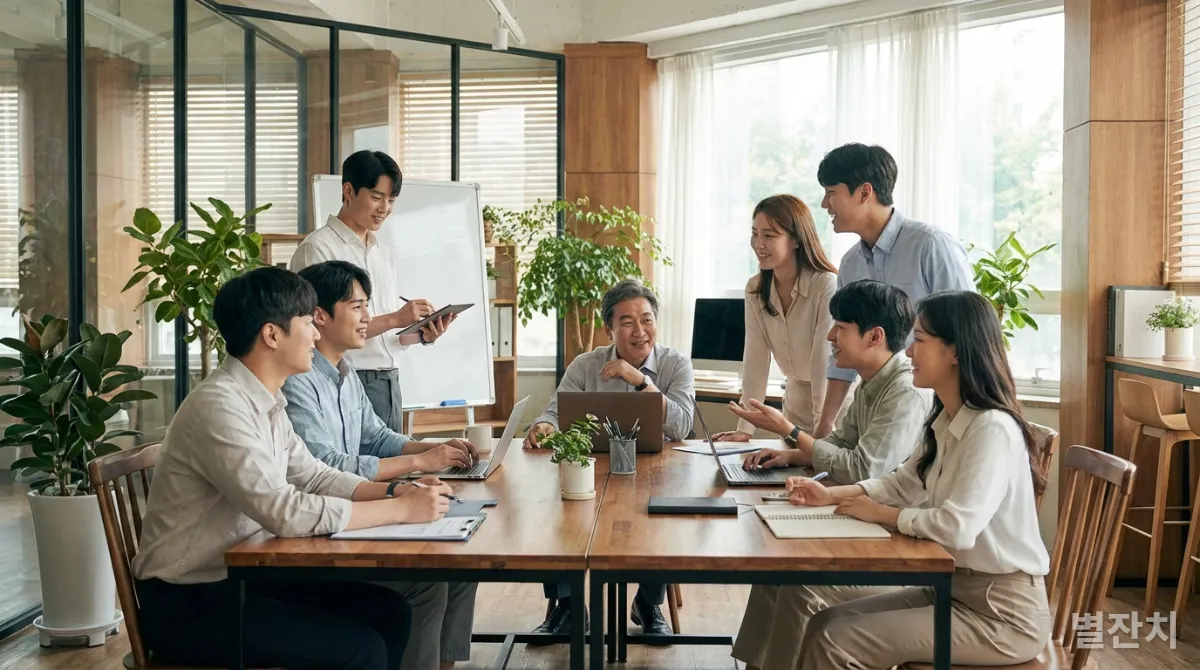 자율적으로 협업하는 한국 팀원들과 이를 지원하는 리더의 모습. 칭기즈칸의 분권형 리더십을 상징.