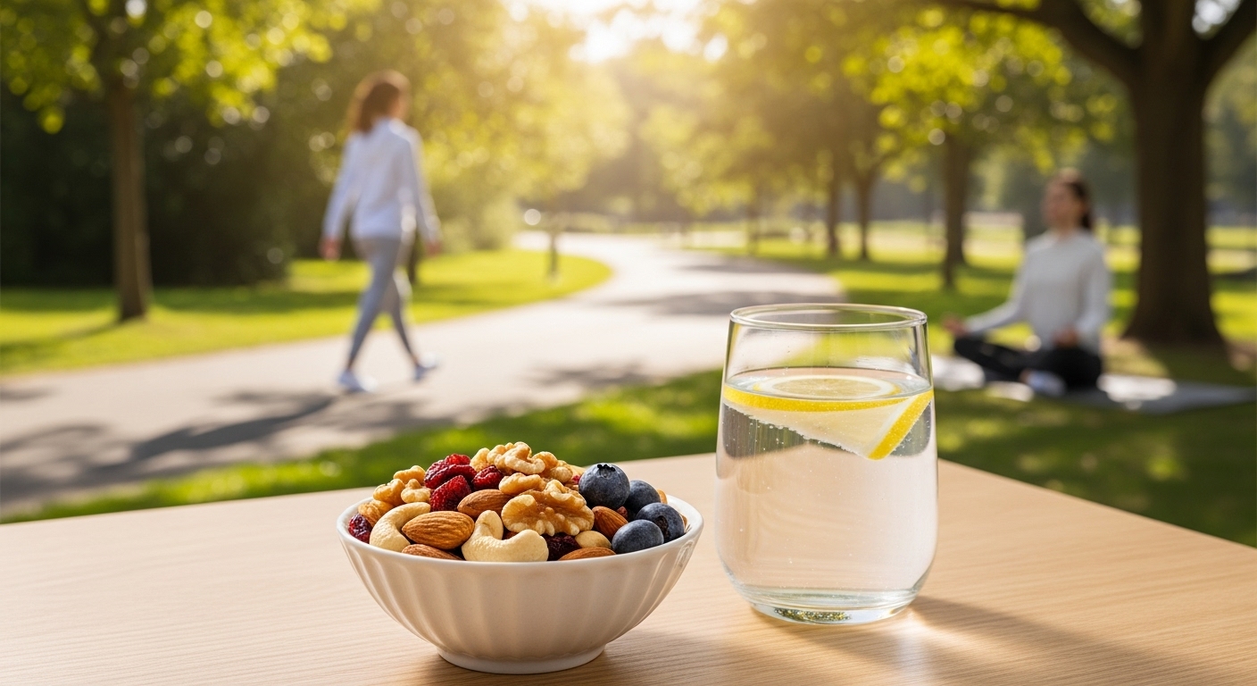 견과류, 과일 등 건강한 간식과 함께 산책, 명상 등 혈당 관리에 도움이 되는 생활 습관 요소들이 어우러진 모습