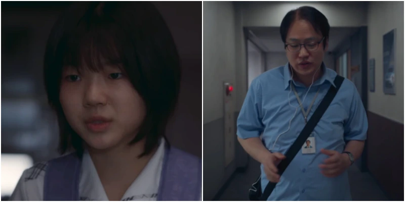 드라마 마스크걸에서 교복을 입고 있는 김미모와 파란 반팔 와이셔츠에 가방을 메고 있는 주오남