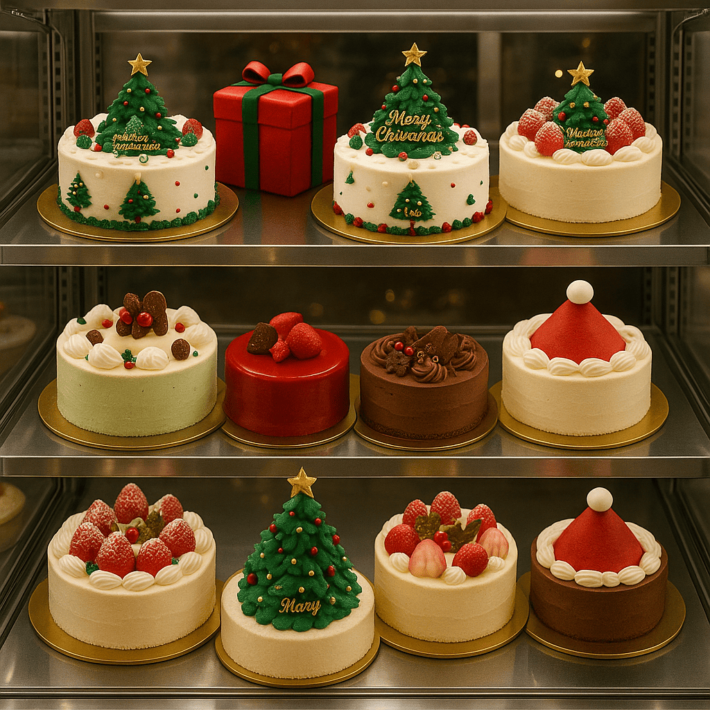 Display of assorted Christmas cakes at a bakery