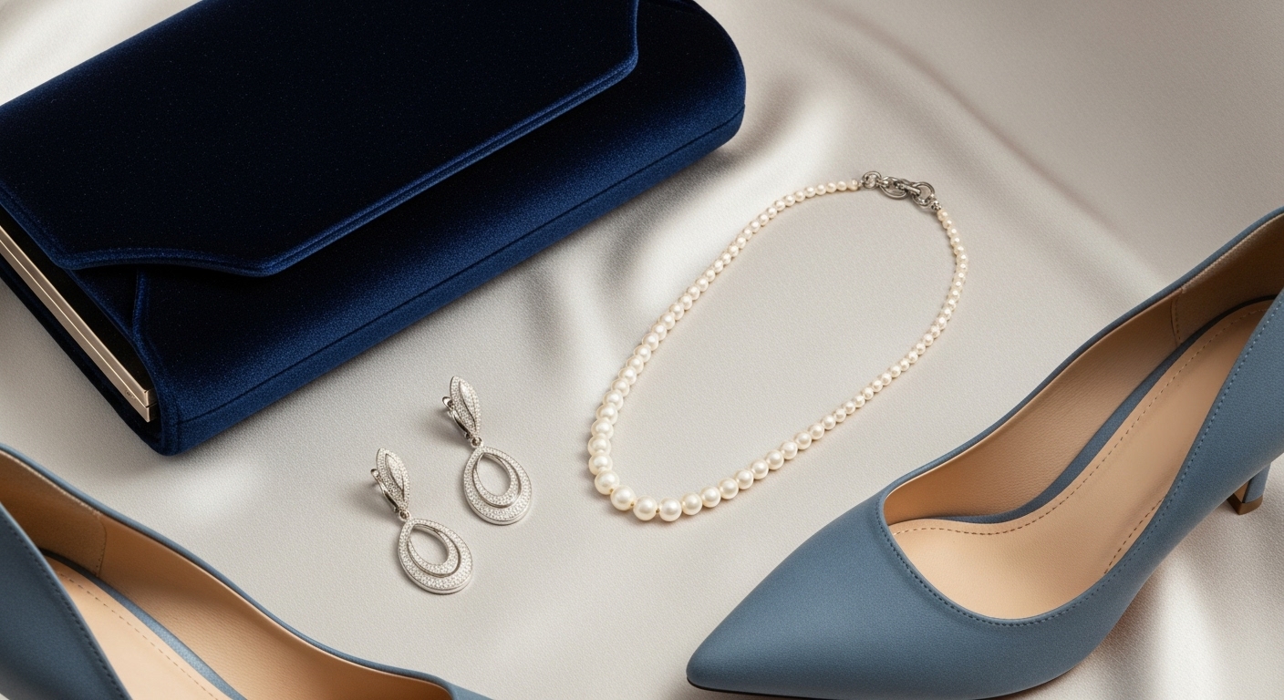 고급스러운 벨벳 클러치, 은은한 귀걸이, 진주 목걸이, 그리고 세련된 블루-그레이 하이힐이 평면에 놓인 모습. 40대 연말 파티룩 액세서리를 보여줍니다.