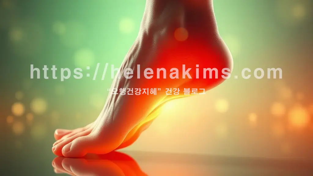 발뒤꿈치 통증을 겪는 발의 옆모습, 통증 부위는 붉은색 빛으로 표시 되어 있는 이미지.