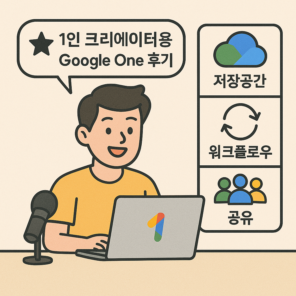 1인 크리에이터용 구글 원, 남자 캐릭터와 저장공간, 워크플로우, 공유 기능 그림