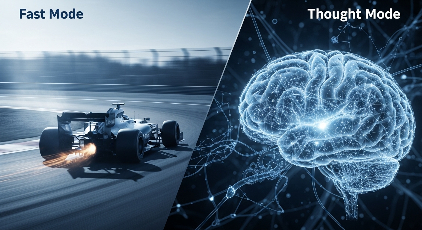 '빠른 모드'의 신속한 처리(레이싱카)와 '사고 모드'의 심층적인 추론(복잡한 뇌 네트워크)을 대비시켜 보여주는 개념적 이미지.