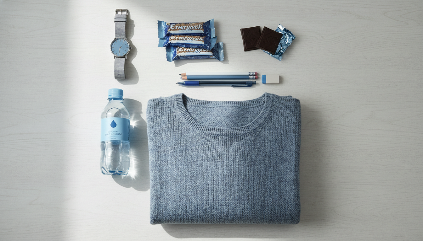 시험 당일 필요한 아날로그 손목시계, 물, 간식, 겉옷 등 선택 준비물들이 깔끔하게 놓여 있는 모습.