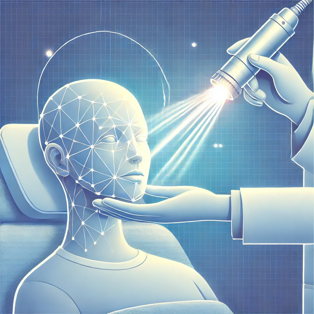 피부과에서 레이저 토닝 시술을 받는 모습. 레이저 빛이 피부에 조사되며 피부 톤을 개선하는 장면을 강조한 이미지