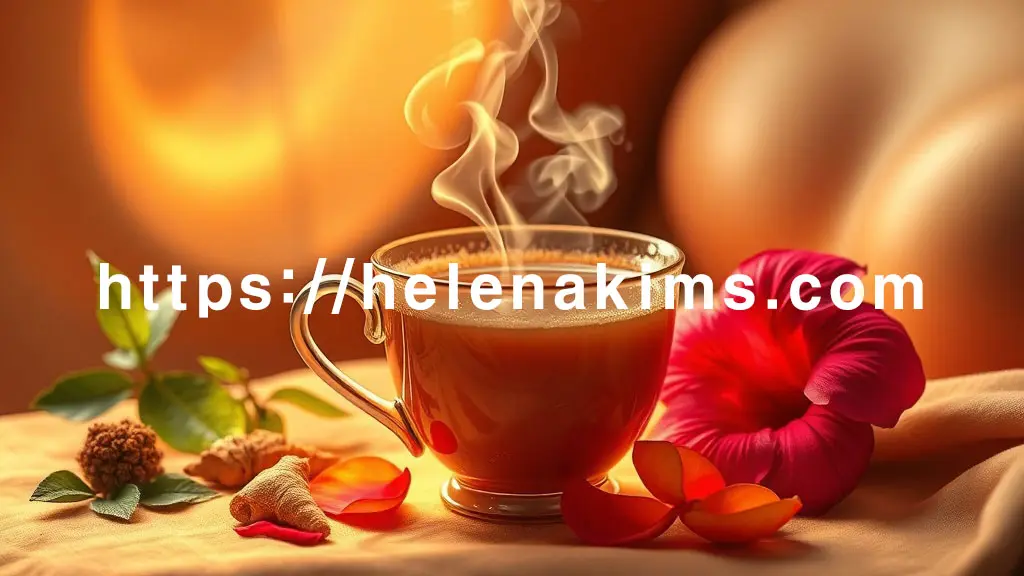 따스하고 부드러운 배경에 김이 모락모락 피어오르는 허브차 잔이 중앙에 놓여있다.